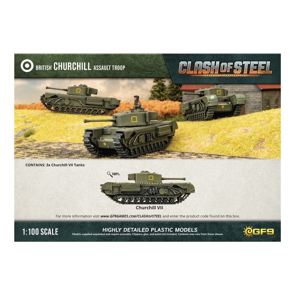 Clash of Steel British Churchill VII tank models: three on a diorama, with a detailed close-up below