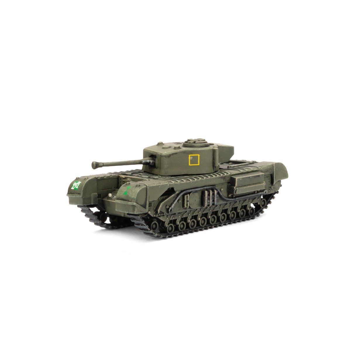 Olive green Churchill tank model with long gun, tracks, yellow turret square, and green front markings, on white