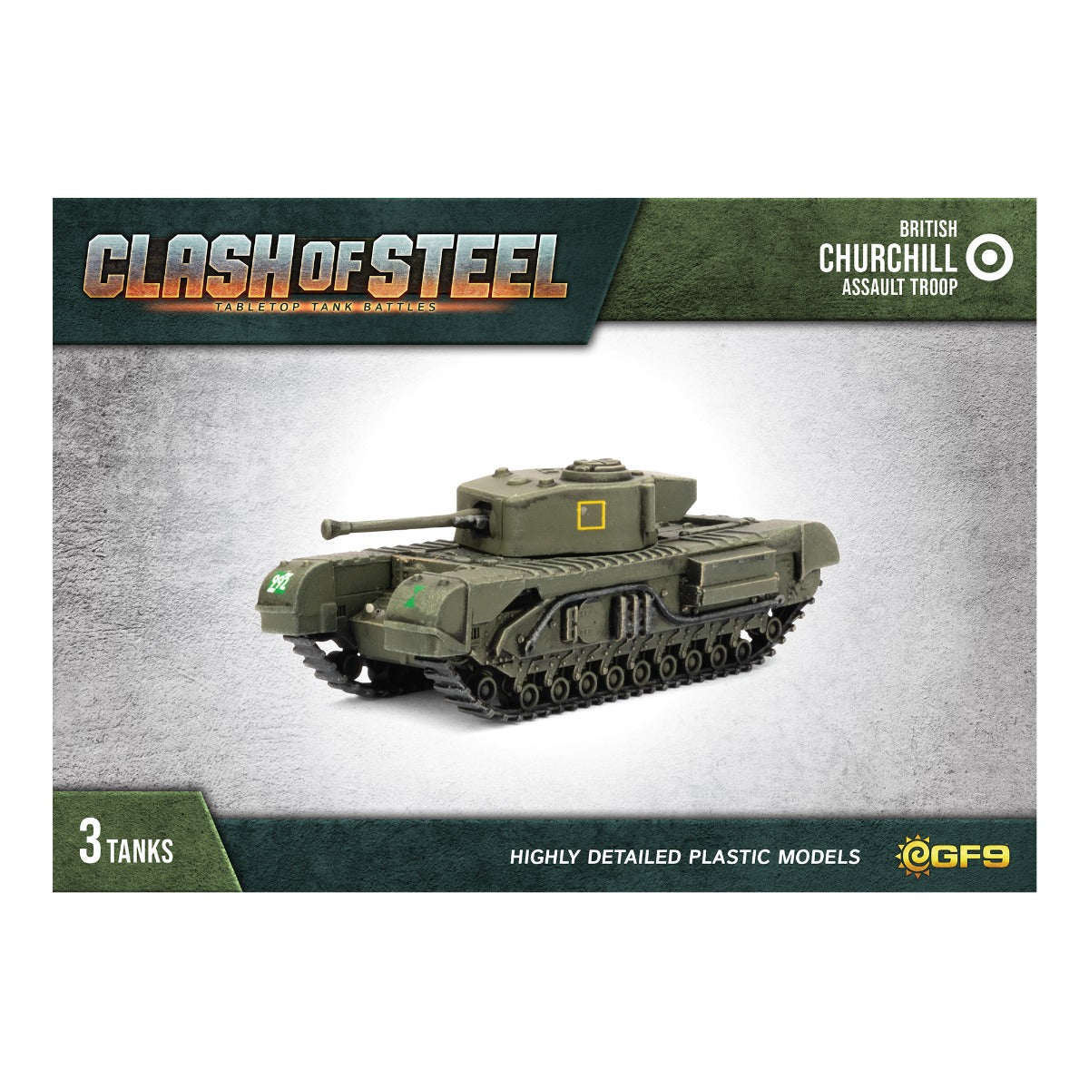 Detailed olive green British Churchill tank model for the Clash of Steel tabletop game