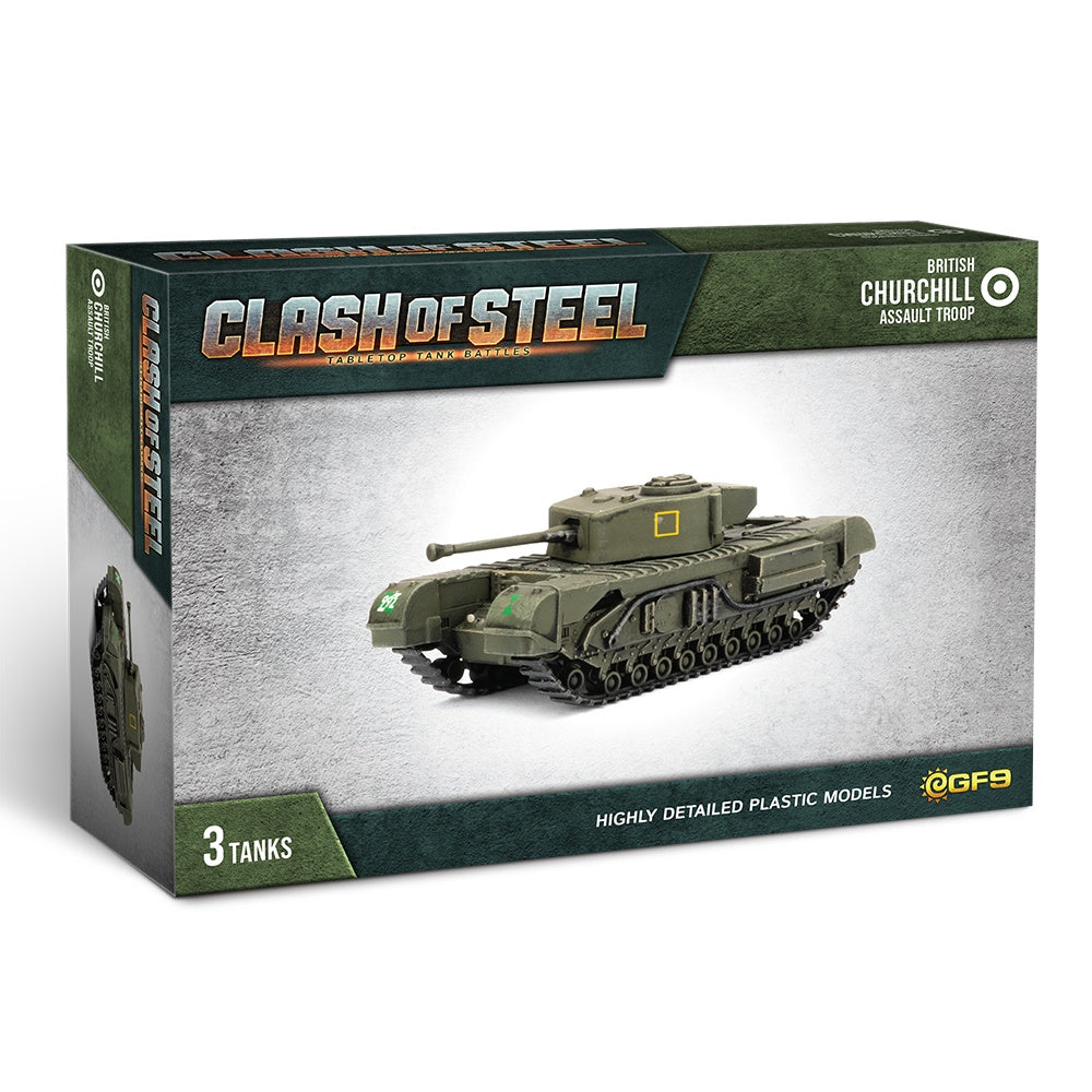 A Clash of Steel game box displaying a detailed model of a green British Churchill tank