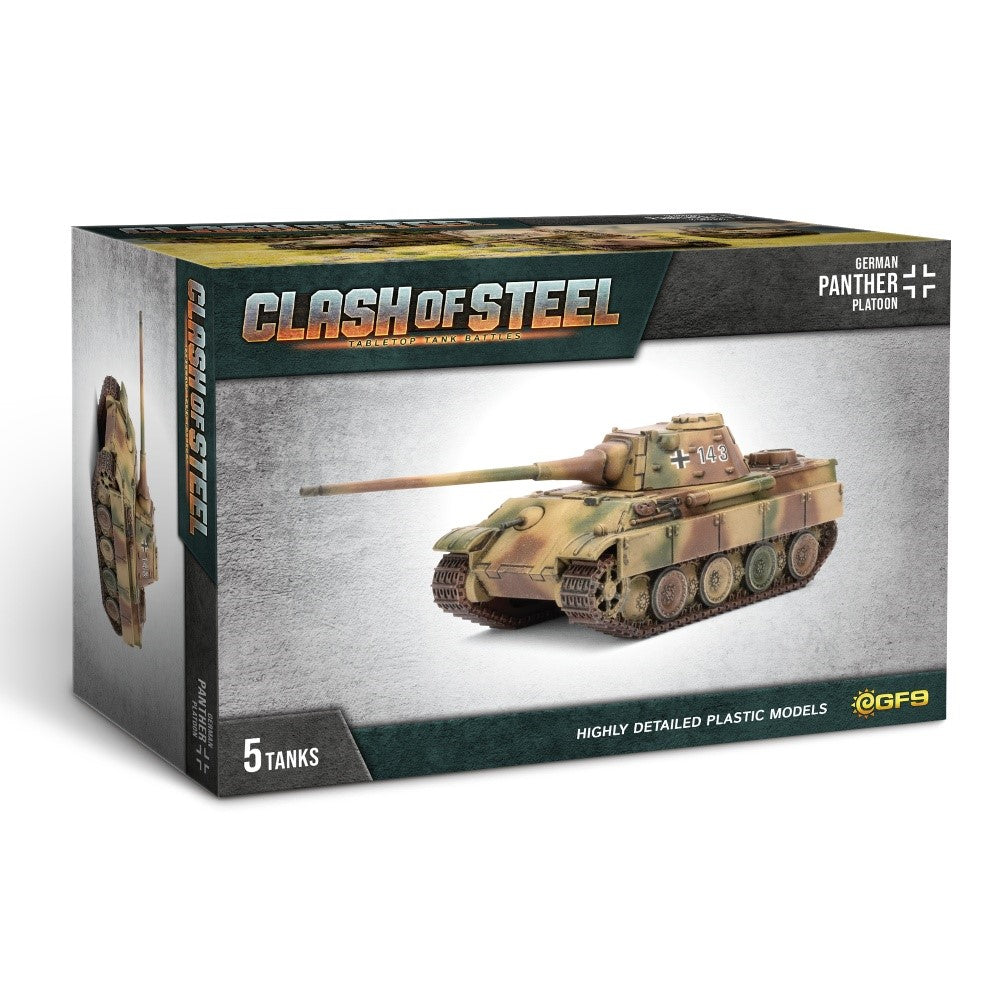 Clash of Steel tabletop game box displays a highly detailed German Panther tank model, ext says '5 Tanks'