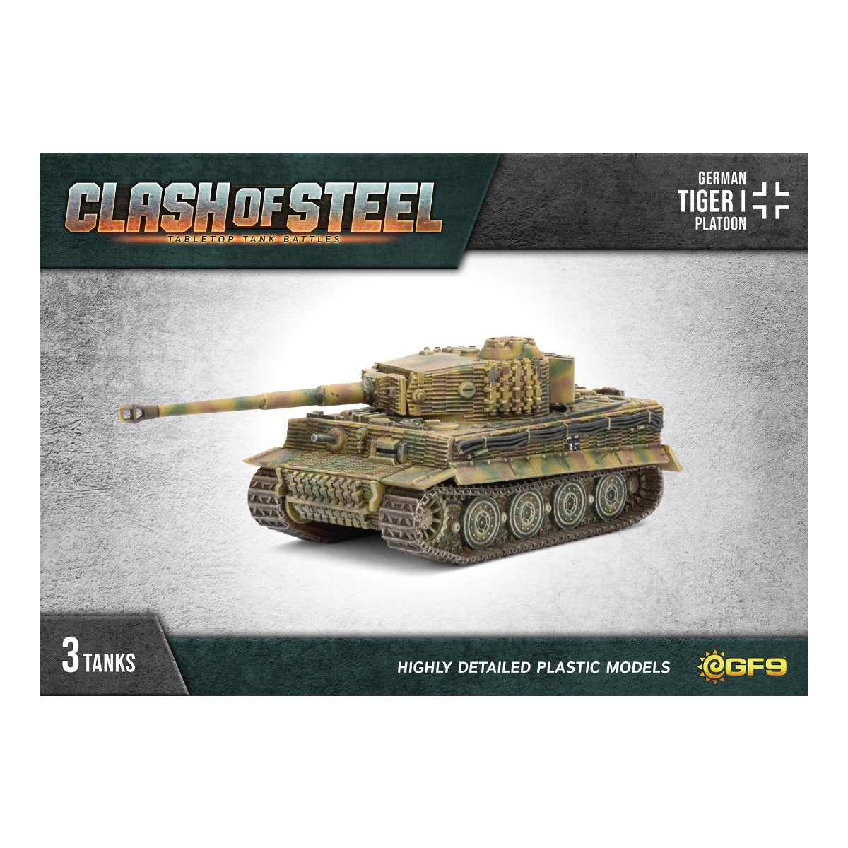 Highly detailed plastic model of a camouflaged German Tiger I tank for the Clash of Steel tabletop game