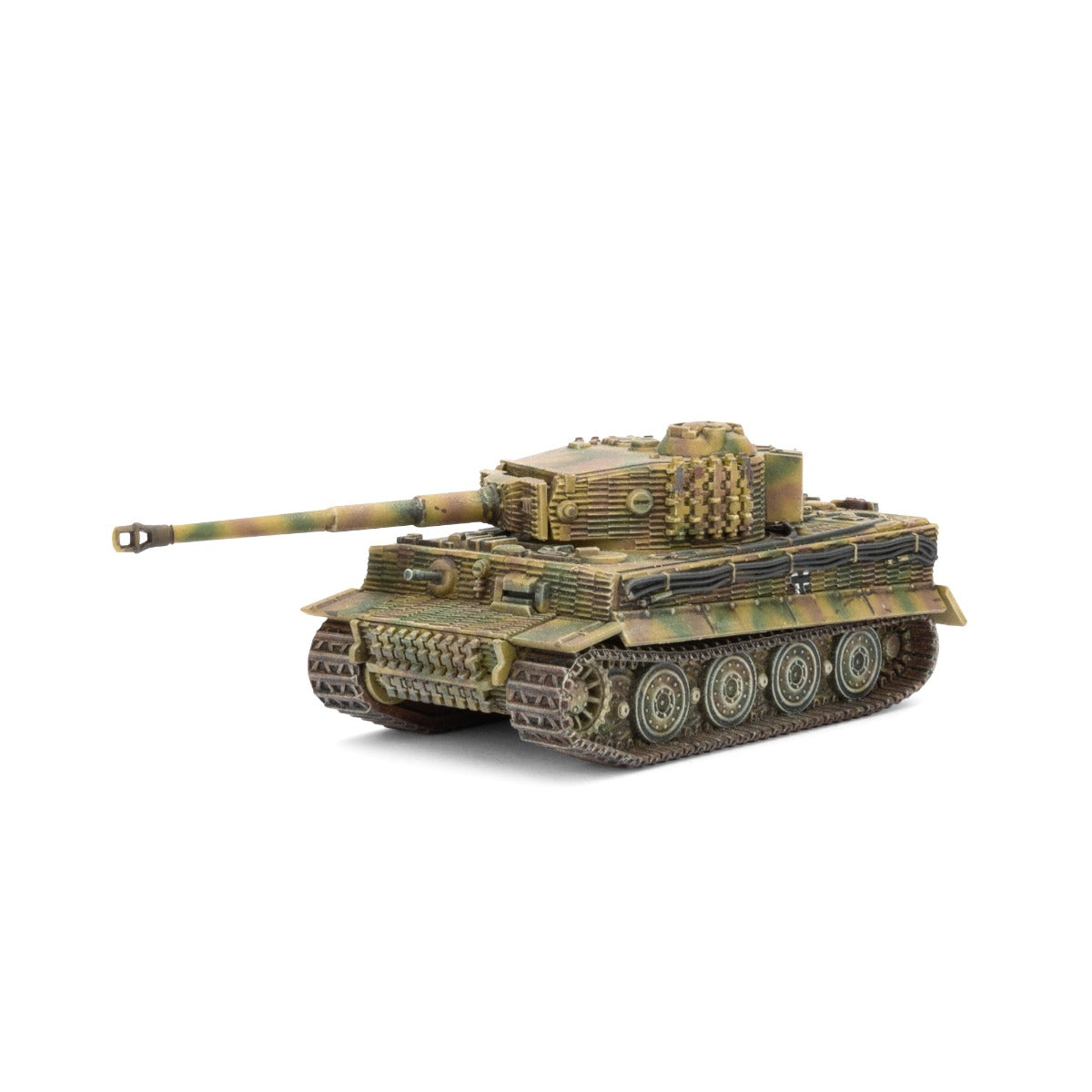 Detailed model of a camouflaged World War II German Tiger I tank, viewed from the front-left