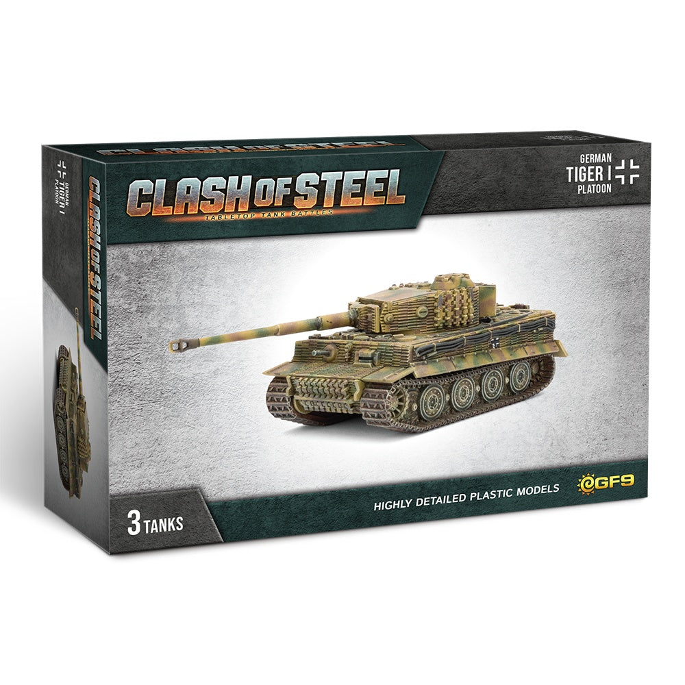 A "Clash of Steel" box for 3 German Tiger I model tanks for tabletop battles, showing one camouflaged tank