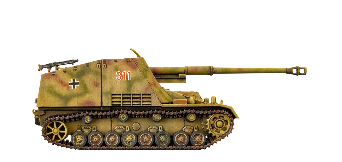 A camouflaged German self-propelled gun model with long barrel, German cross, and number 311 on its side