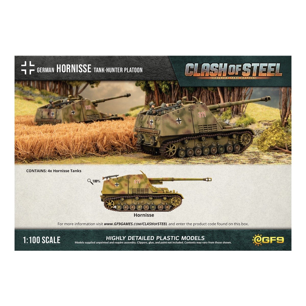 Detailed German Hornisse tank-hunter miniature models for the Clash of Steel game, shown in a diorama and close-up
