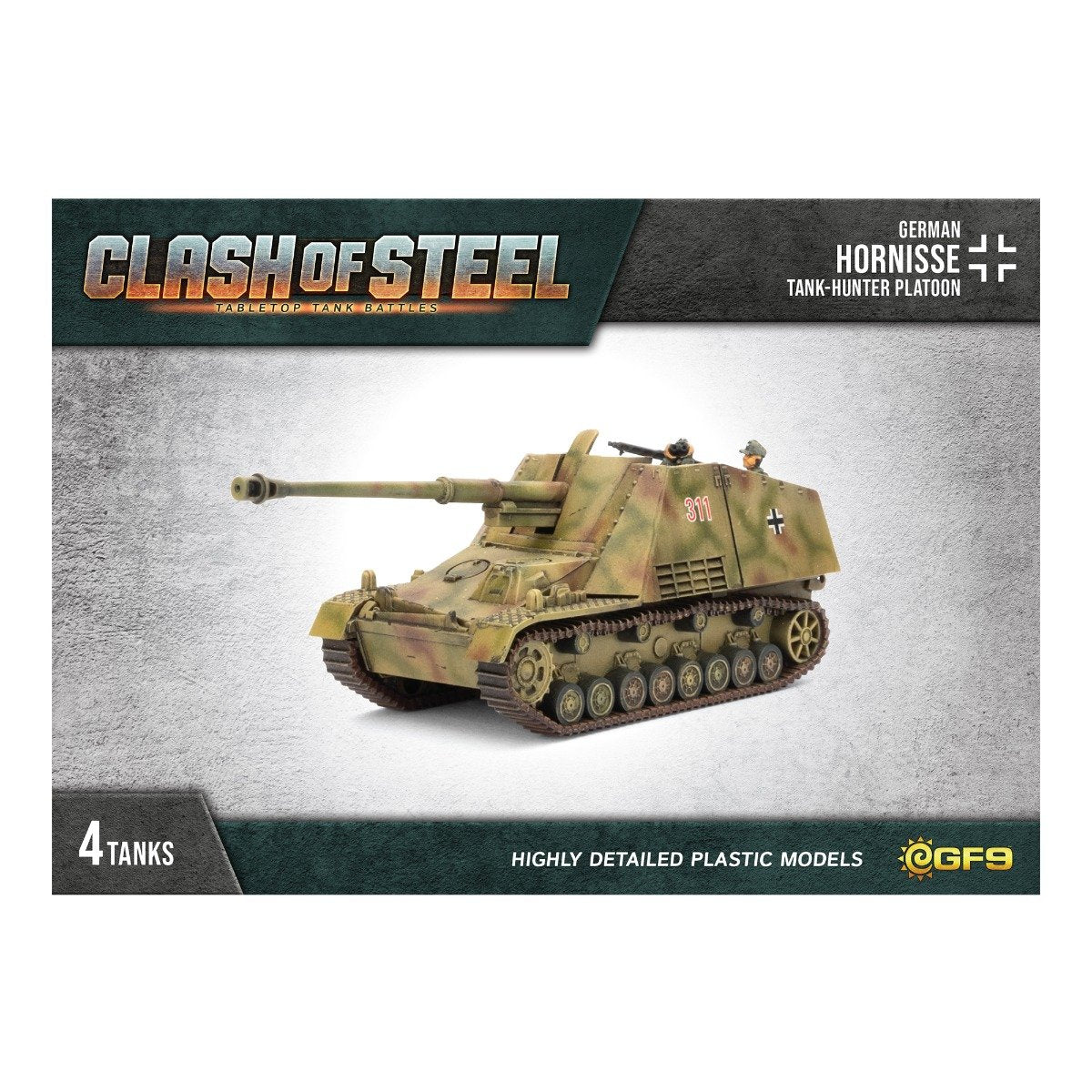 Clash of Steel: Detailed German Hornisse tank-hunter model, camouflaged, with two crew figures