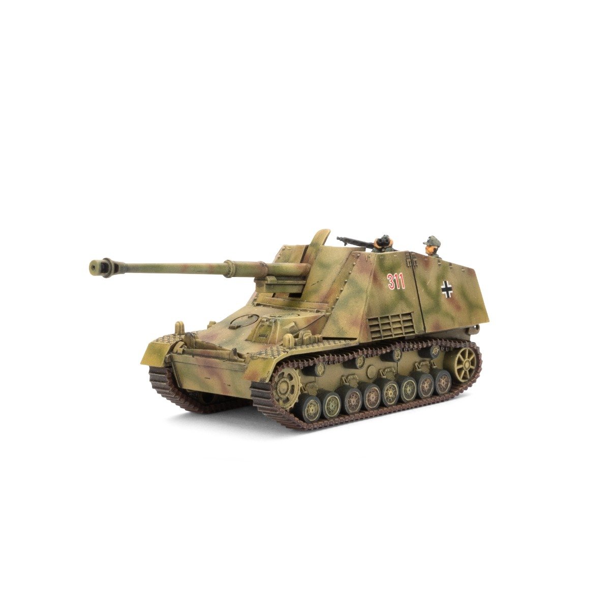 Camouflaged model of a WWII German self-propelled gun, marked &quot;311&quot; with a Balkenkreuz and two crew figures