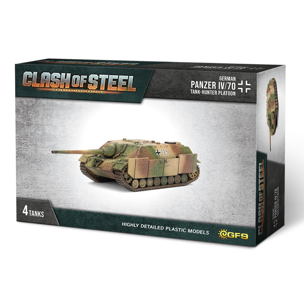 A "Clash of Steel" game box displaying a detailed, camouflaged German Panzer IV/70 tank hunter miniature