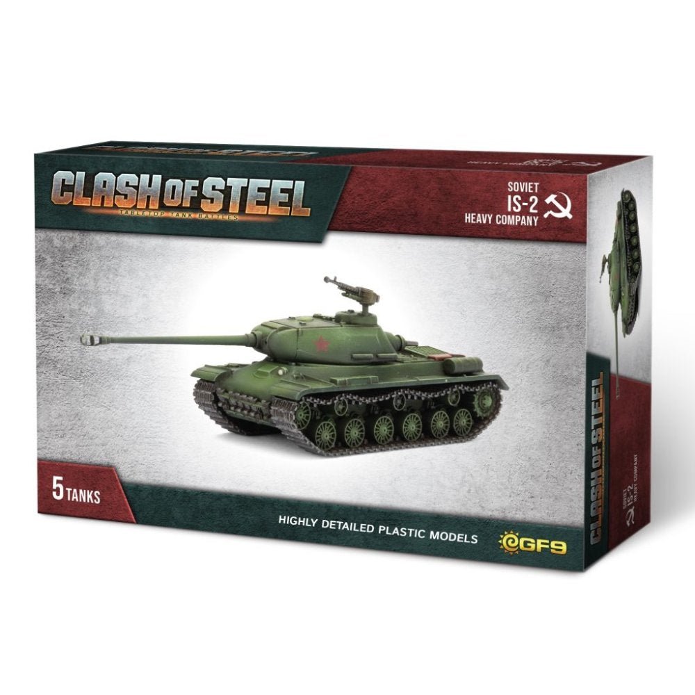 A Clash of Steel IS-2 Heavy Tank Company box displays a green tank model and indicates it contains 5 highly detailed plastic models