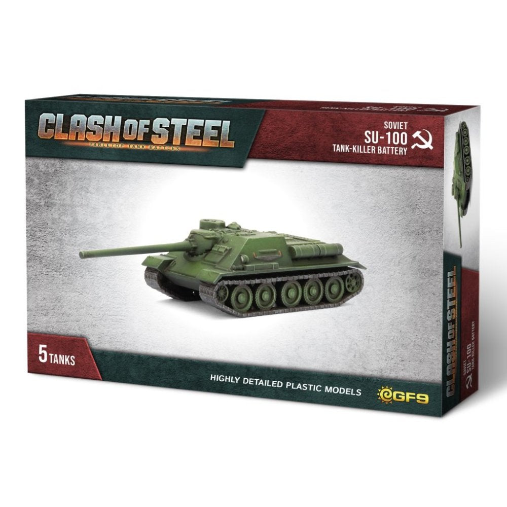 A product box for "Clash of Steel" tabletop game, featuring a detailed green Soviet SU-100 tank destroyer model and "5 Tanks" text