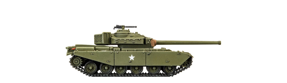 Olive green military tank, side view, with a long cannon and white star marking