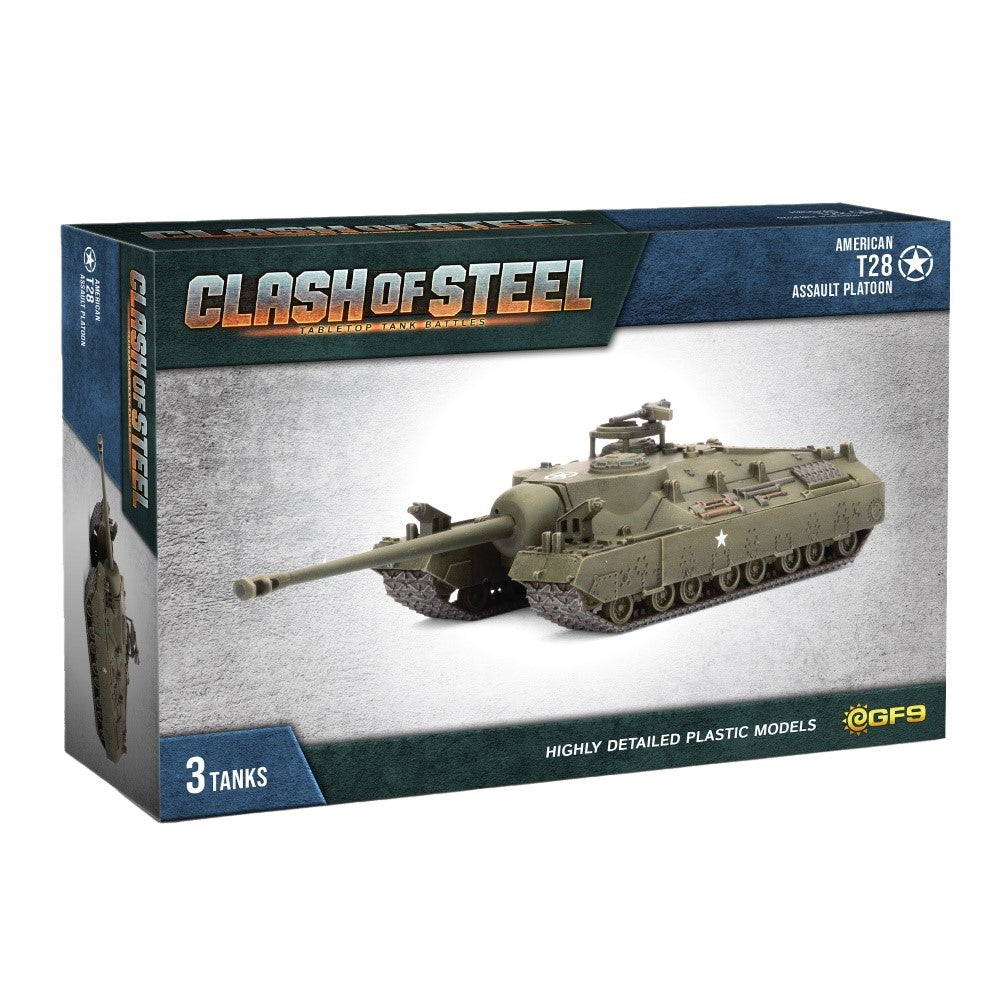 A "Clash of Steel" game box featuring a detailed green American T28 model tank