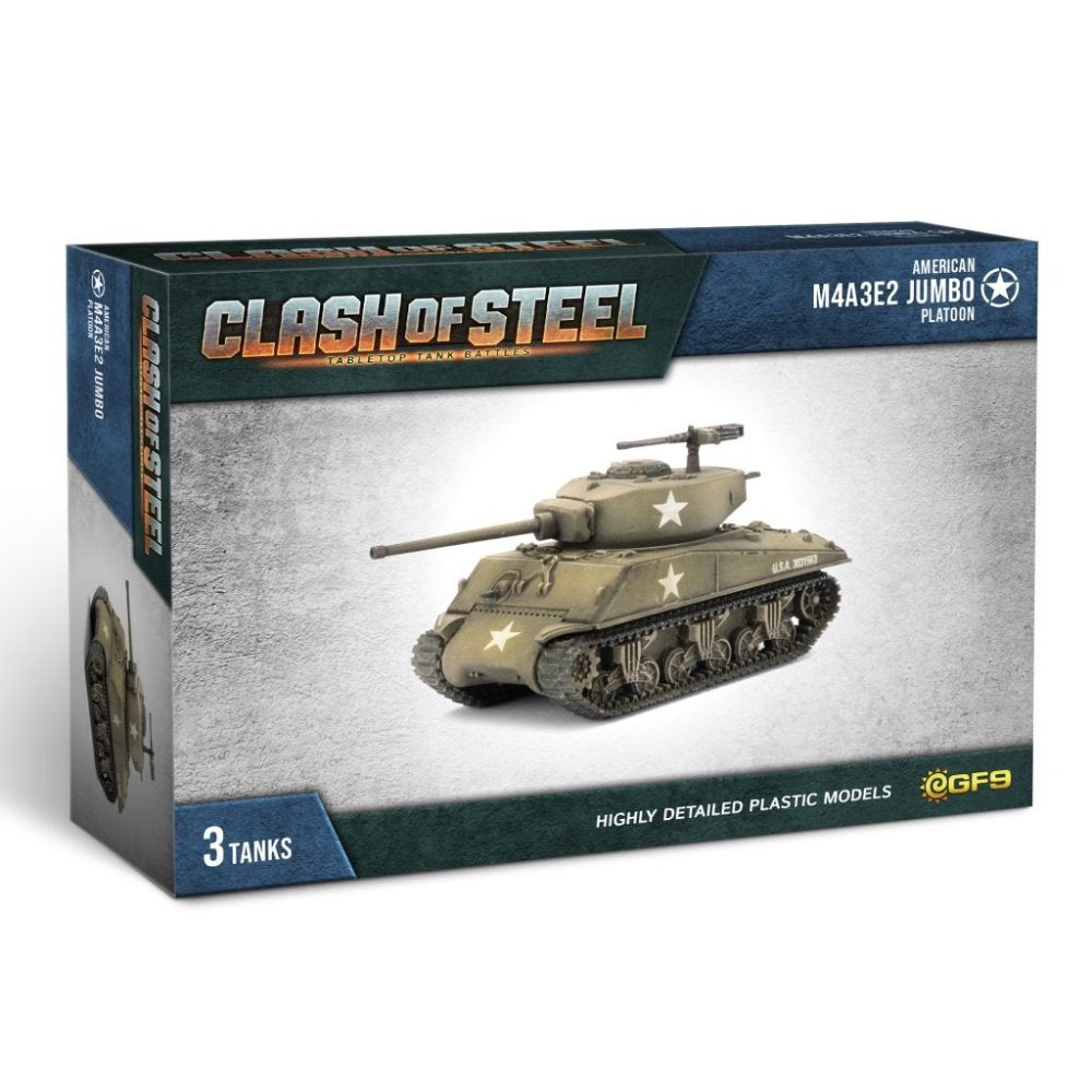Box for the Clash of Steel M4A3E2 Jumbo Platoon featuring a green tank model with white stars and text indicating 3 highly detailed plastic tanks