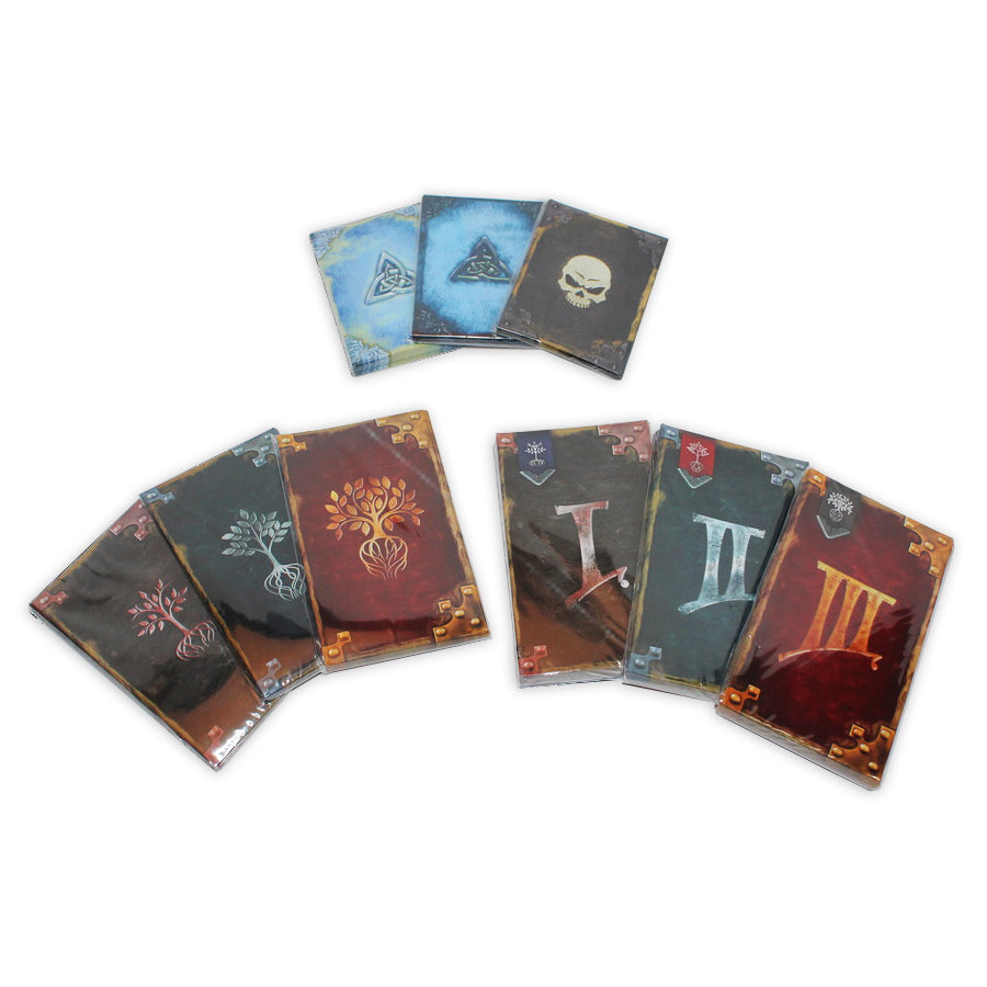 Ten fantasy game components, styled as small books, featuring Celtic knots, a skull, trees, and Roman numerals.