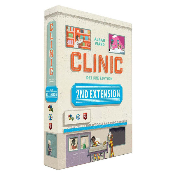 3D box image of Clinic Deluxe Edition 2nd Extension board game showing medical-themed artwork and game title on the cover