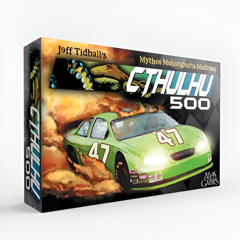 Atlas Games Cthulhu 500 Card Game Box showing a green race car, number 47, speeds through orange smoke