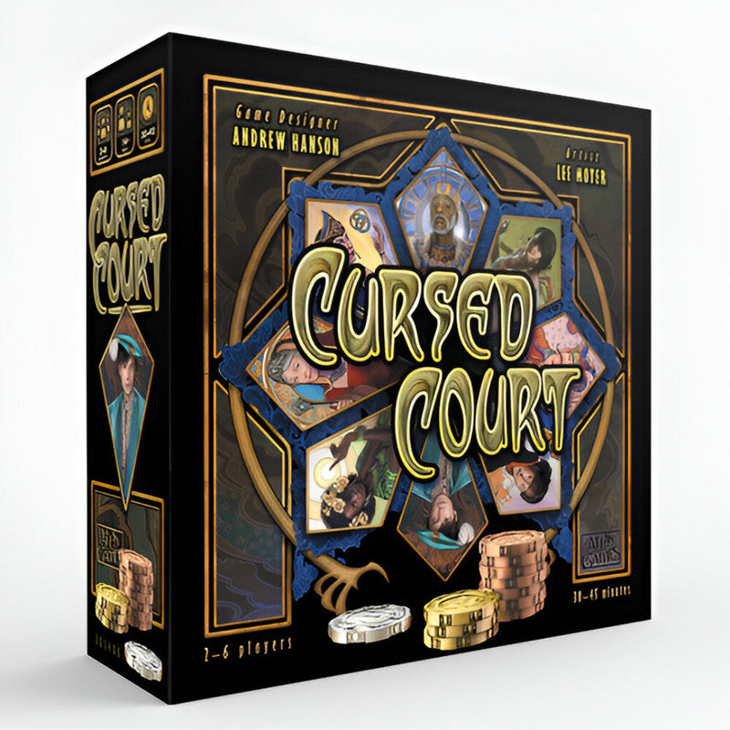 Cursed Court board game box showing black design with surrounded by character portraits and game coins