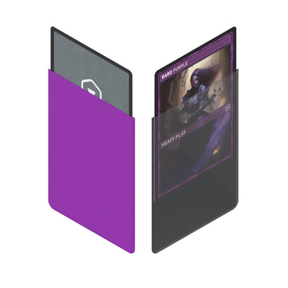 A grey card partially inserted into a purple sleeve, next to a "Bard Purple" fantasy card in a clear sleeve