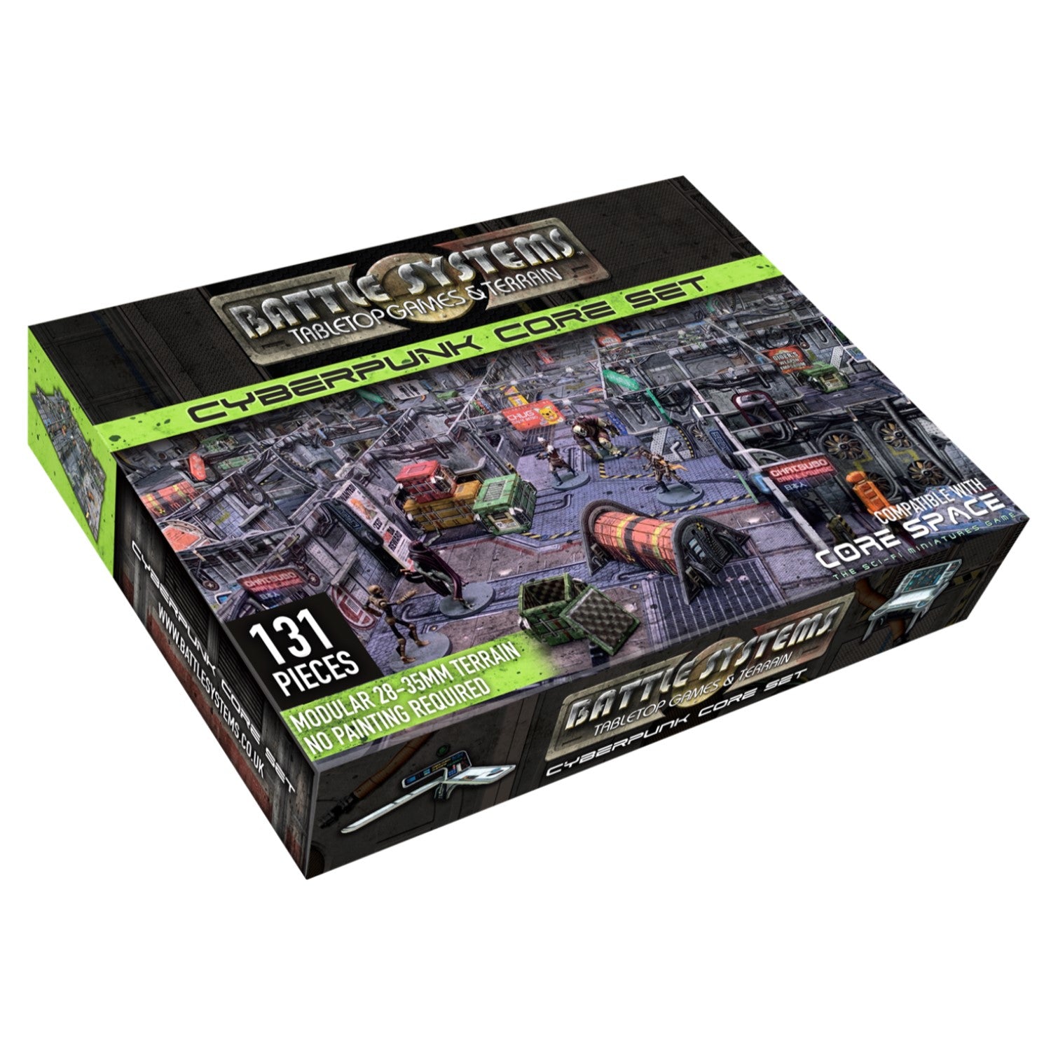 A Battle Systems Cyberpunk Core Set box featuring a detailed modular sci-fi terrain layout with miniatures.