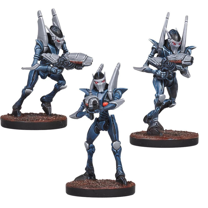 Three blue and grey sci-fi armored miniatures with red eyes, back fins, and futuristic rifles in dynamic poses