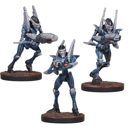 Three blue and grey sci-fi armored miniatures with red eyes, back fins, and futuristic rifles in dynamic poses