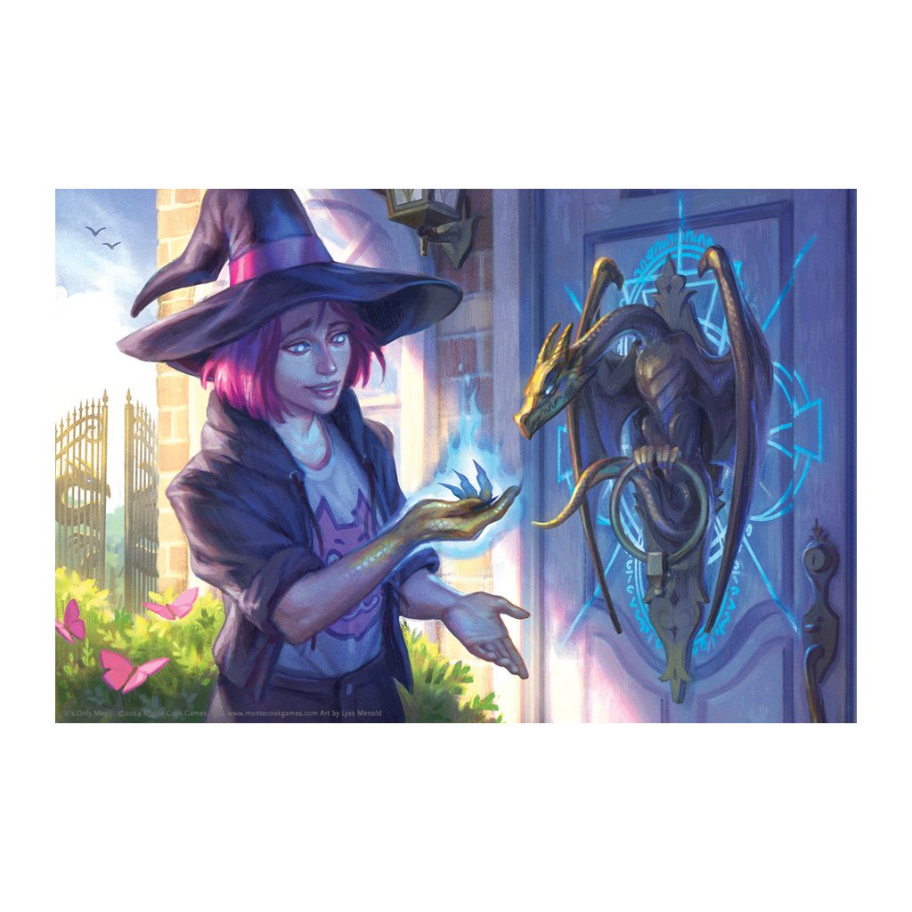A pink-haired witch interacting with a mystical dragon door knocker and glowing blue magic