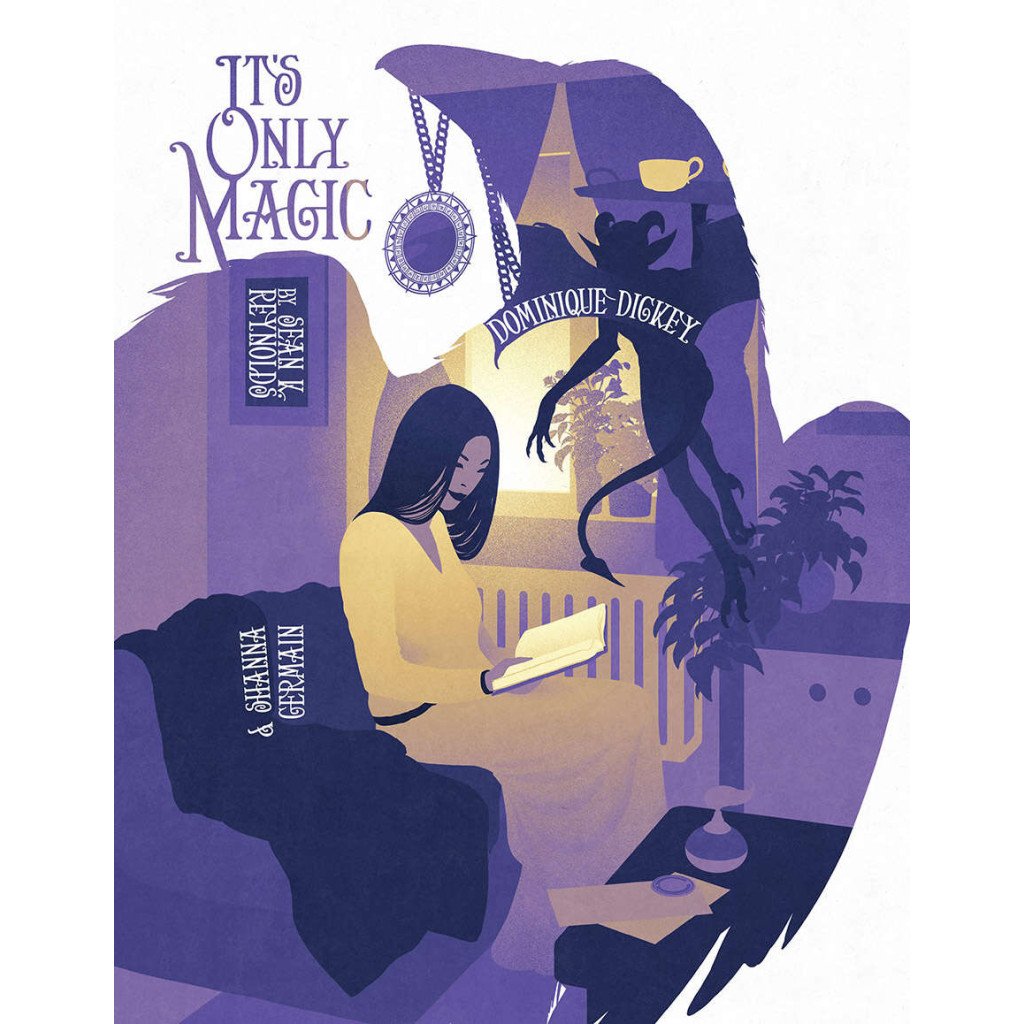 It&#39;s Only Magic Cypher System RPG book cover featuring a woman reading and a shadowy imp with a magical pendant
