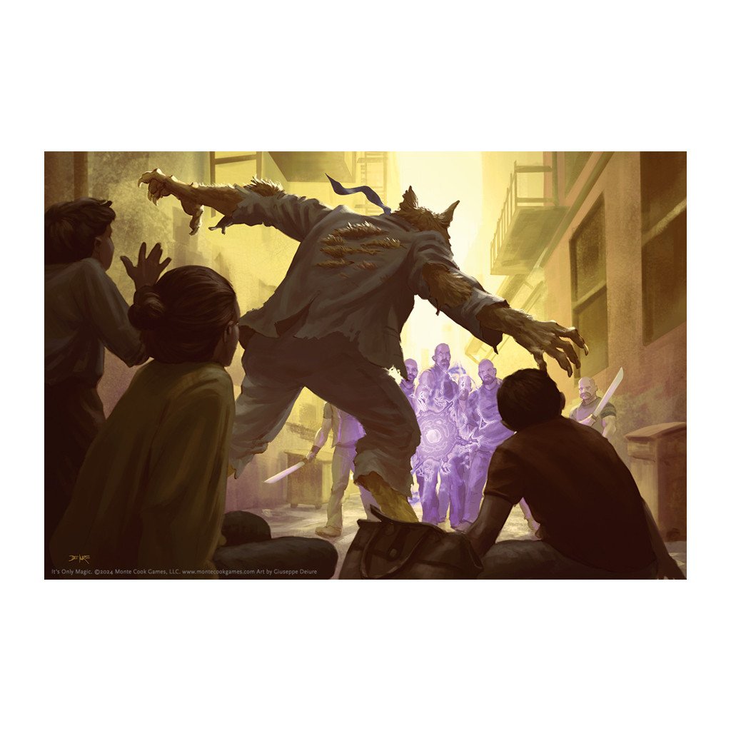 A human transforming into a werewolf in a city street surrounded by shocked onlookers and glowing purple figures