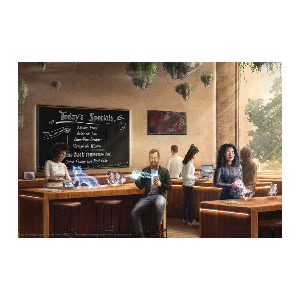 Modern café where patrons use magic—a woman conjures a glowing cat, a man wields energy, and another&#39;s glowing eyes hint at hidden powers
