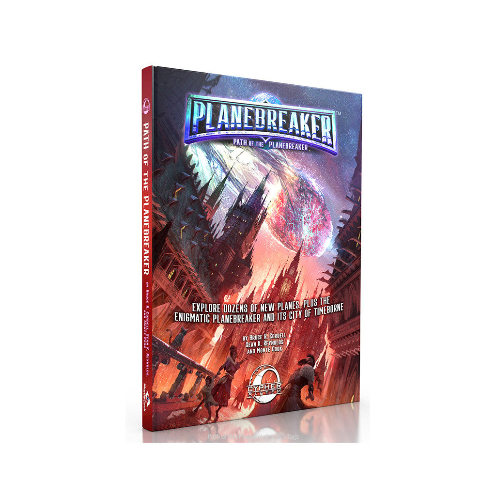 Planebreaker RPG book cover: A dark, spired city under a glowing fragmented cosmic body, with characters in action