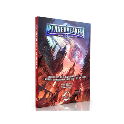 Planebreaker RPG book cover: A dark, spired city under a glowing fragmented cosmic body, with characters in action