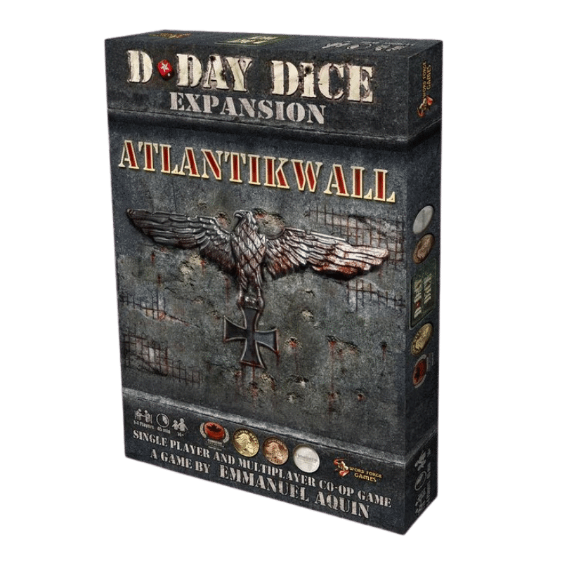 D-Day Dice Atlantikwall Expansion game box, featuring a metallic eagle holding an Iron Cross against a concrete wall