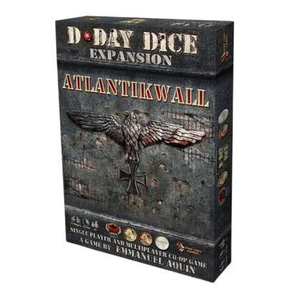 D-Day Dice Atlantikwall Expansion game box, featuring a metallic eagle holding an Iron Cross against a concrete wall