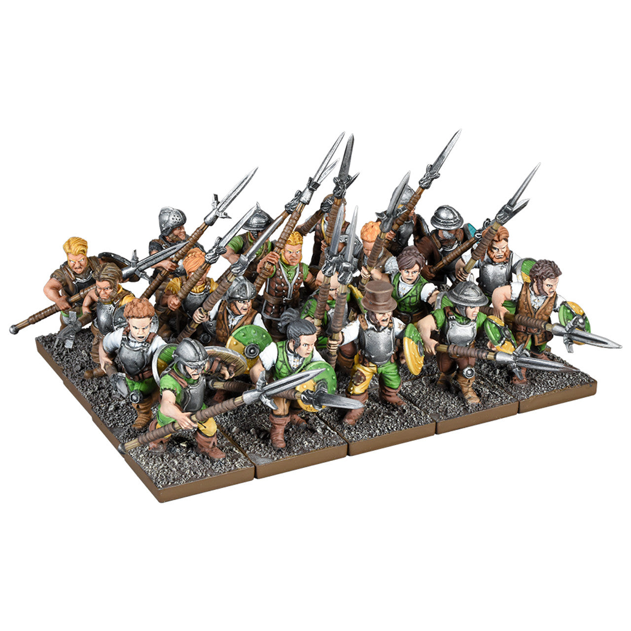 Hand-painted wargaming miniatures: a unit of fantasy soldiers with spears, shields, armor and green/brown uniforms