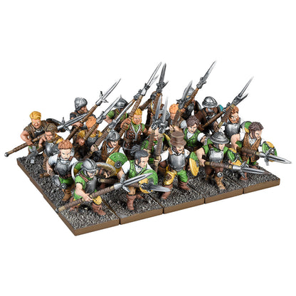 Hand-painted wargaming miniatures: a unit of fantasy soldiers with spears, shields, armor and green/brown uniforms