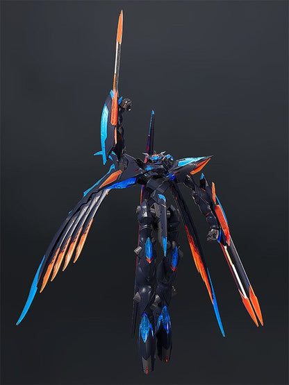 Side view highlighting mechanical detail and asymmetrical weapon design