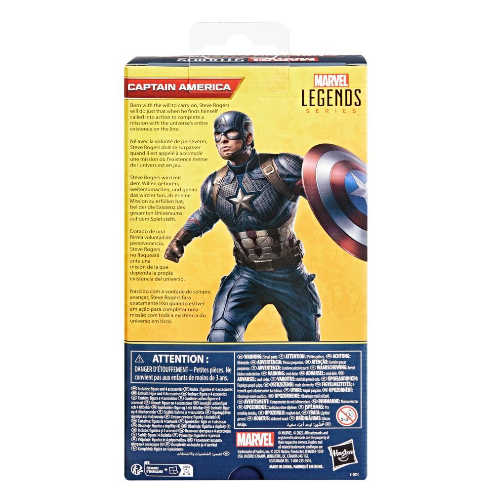 Marvel Legends Series Captain America Action Figure in his blue suit with shield on the back of the product box