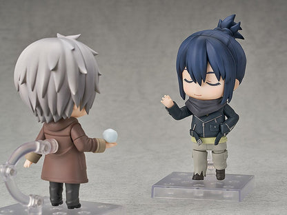 Two small stylized figures face each other one in a brown coat holds a small orb the other in a dark jacket waves