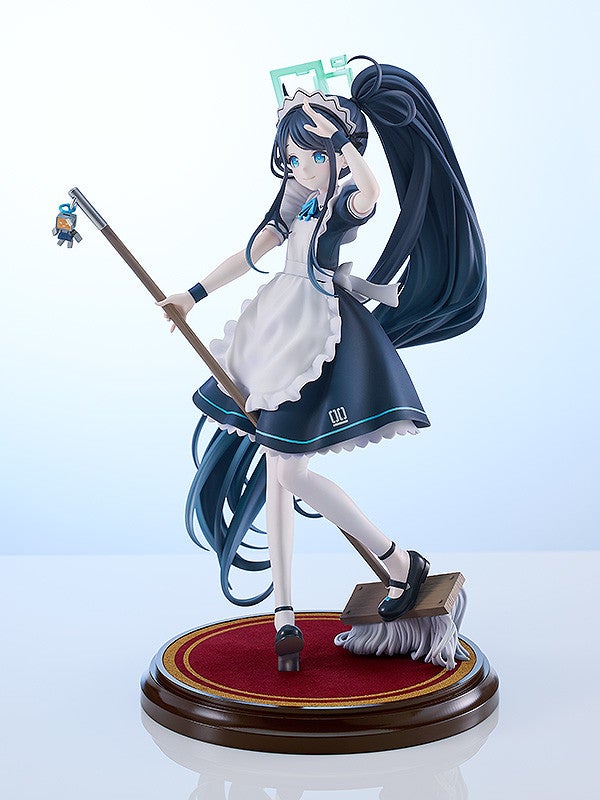 Aris Tendou Blue Archive 17 scale figure in maid outfit holding a mop with a robotic friend on top