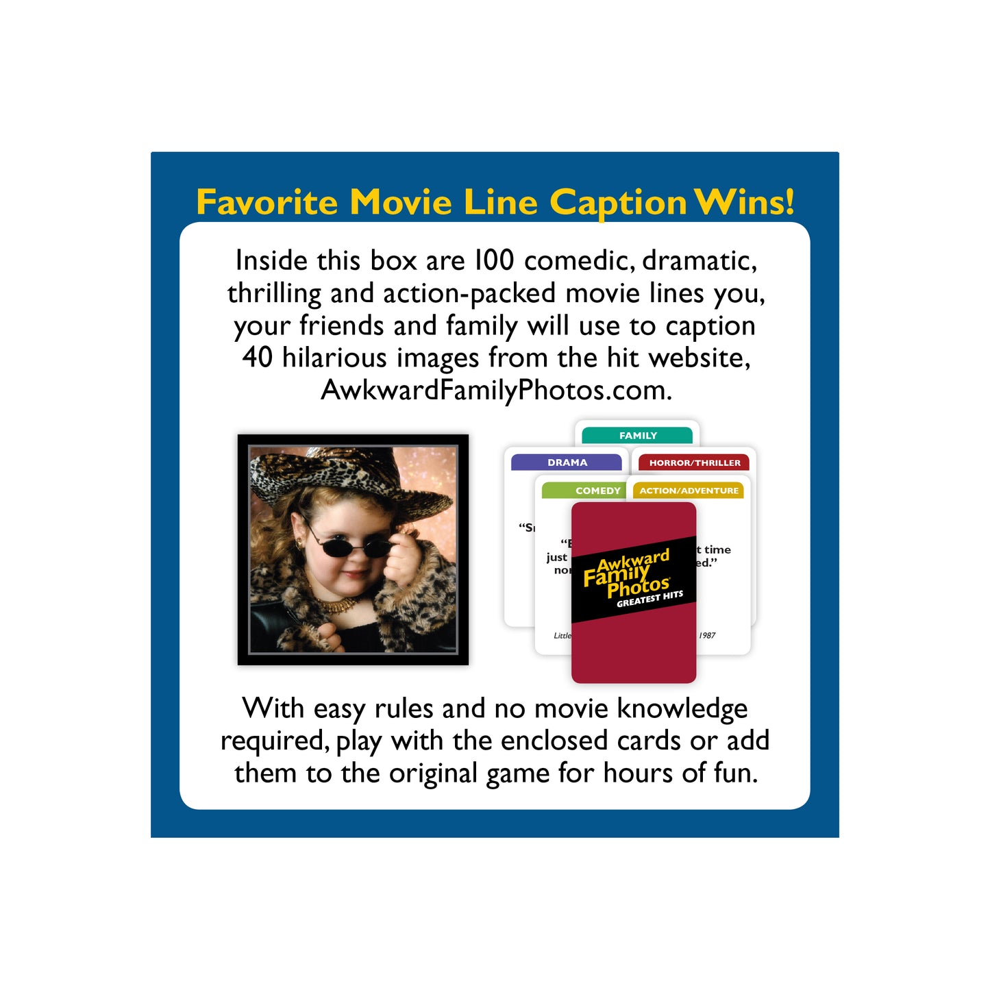 Box of Favorite Movie Line Caption Wins party game with image of child in leopard print hat and sunglasses and cards showing movie lines