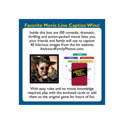 Box of Favorite Movie Line Caption Wins party game with image of child in leopard print hat and sunglasses and cards showing movie lines