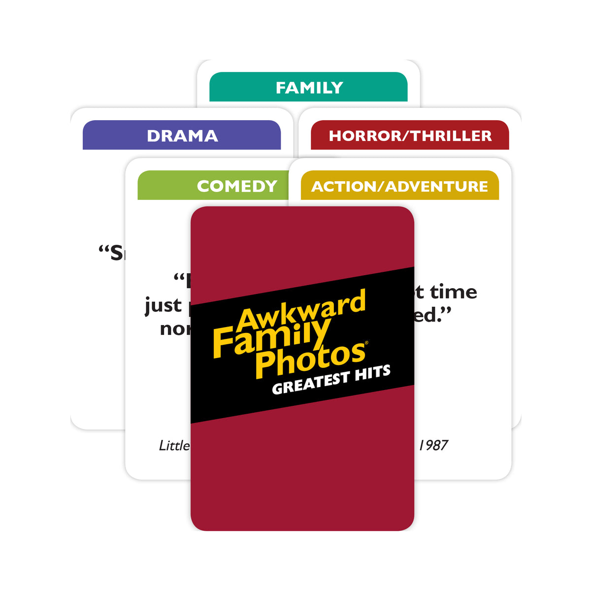 Awkward Family Photos Greatest Hits card game with multiple genre category cards including Family Drama HorrorThriller Comedy and ActionAdventure