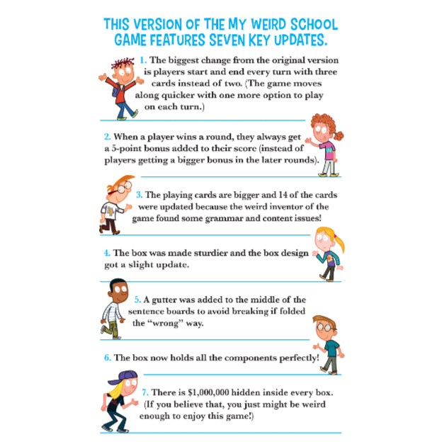 My Weird School game box listing seven key updates with illustrated characters