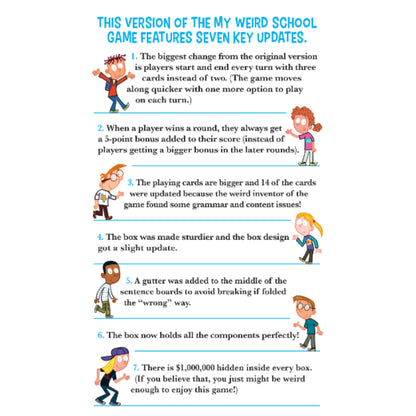 My Weird School game box listing seven key updates with illustrated characters