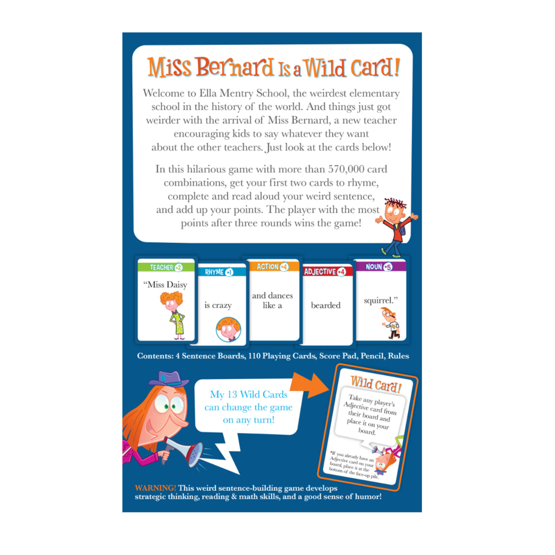 Board game box for Miss Bernard Is a Wild Card features teacher cards rhyme action adjective and noun options for sentence building game