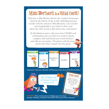 Board game box for Miss Bernard Is a Wild Card features teacher cards rhyme action adjective and noun options for sentence building game