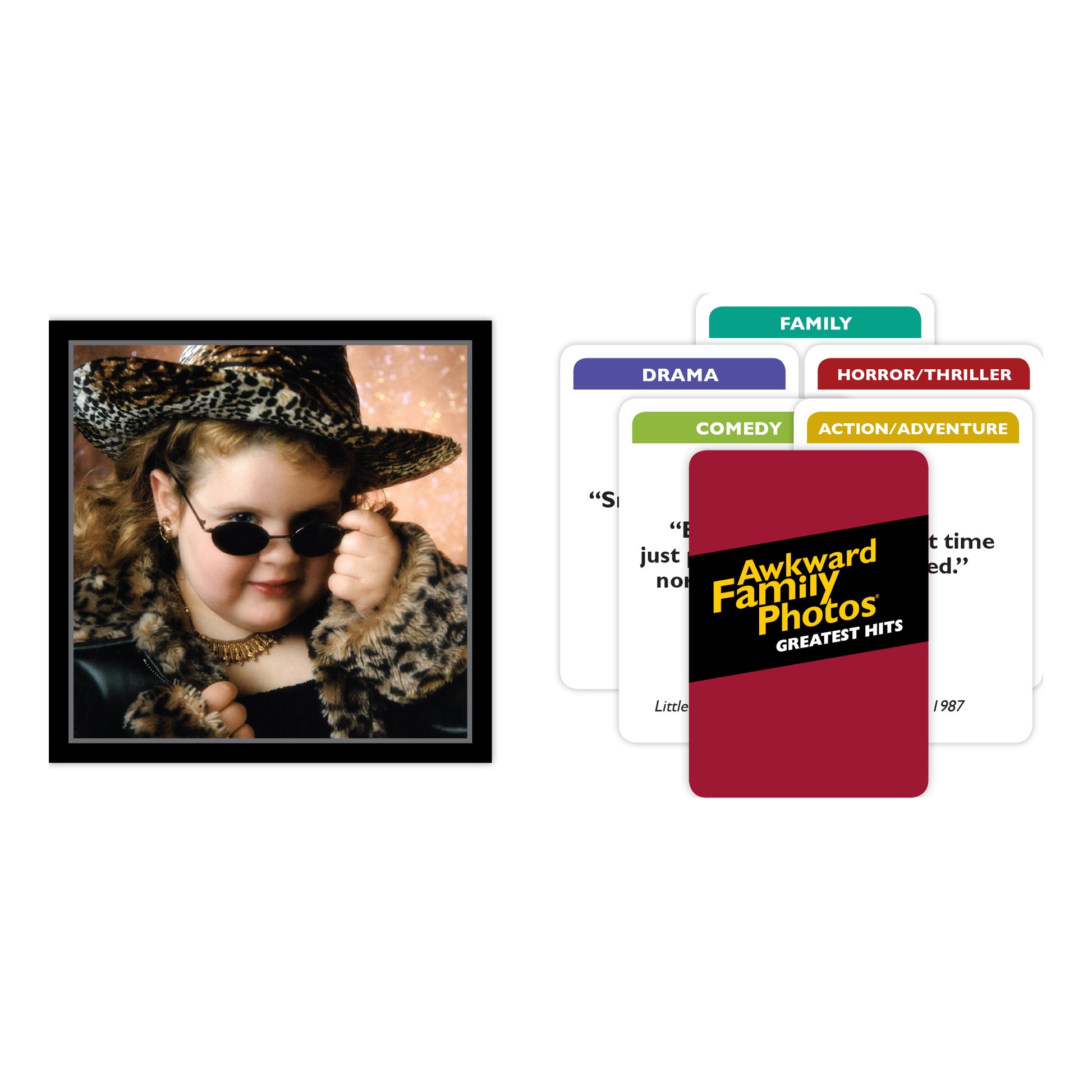 Awkward Family Photos Greatest Hits card game featuring a photo of a young child in a leopard print hat and coat with sunglasses