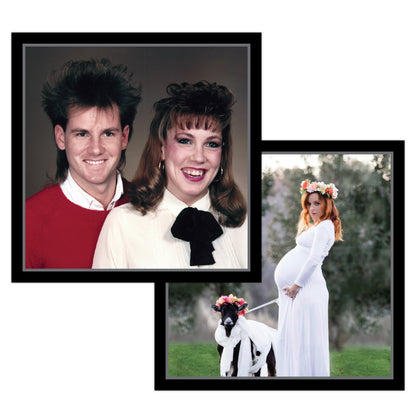 Two framed portraits The top left is of a couple in 80s attire The bottom right is a pregnant woman and a goat with floral headbands
