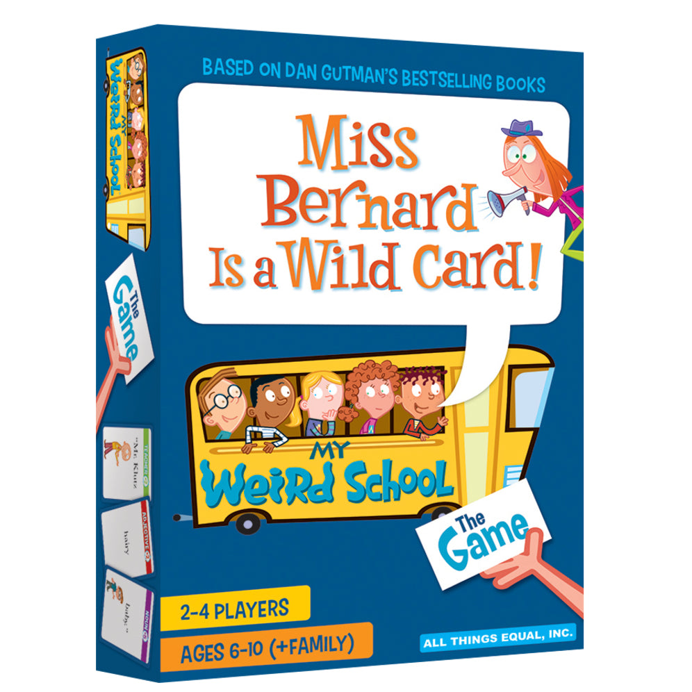 My Weird School Miss Bernard Is a Wild Card game box features cartoon students on a bus with speech bubble text above